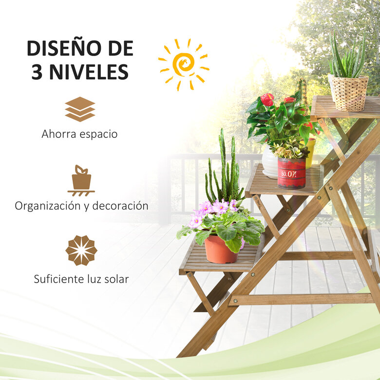 Outsunny Estantería para Plantas de Madera Soporte de Macetas con 3 Estantes Plegables en Forma Escalera para Decoración Interiores y Exteriores 101x83x88 cm Marrón, , large image number null