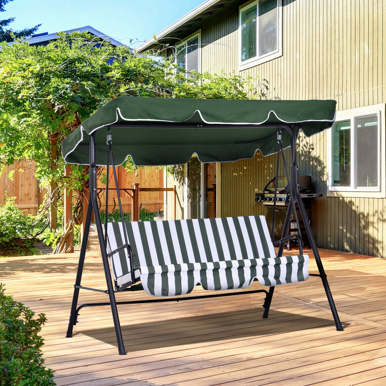 Outsunny Columpio de Jardín de 3 Plazas Silla Balancín con Parasol Techo Ajustable en Ángulo Impermeable para Exterior Terraza Balcón Carga Máx. 200 kg Acero 172x110x153 cm Verde, , large image number null