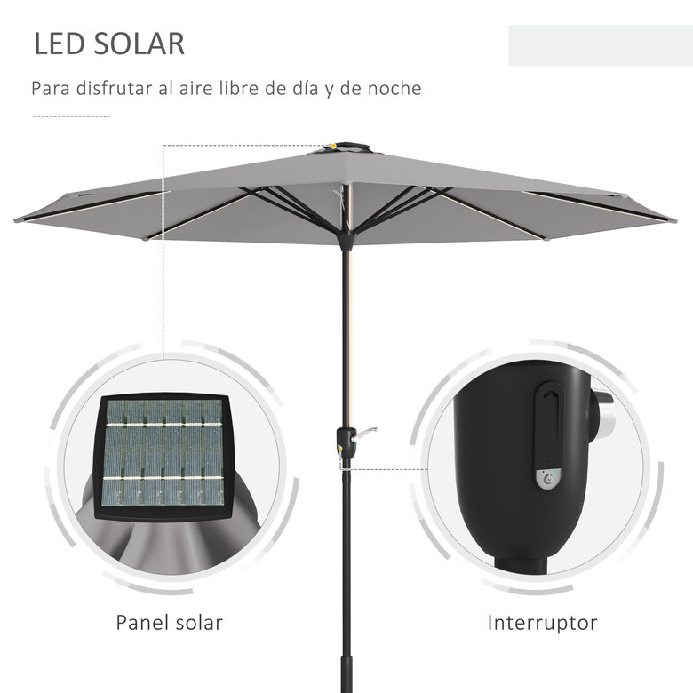 Outsunny Sombrilla de Jardín Ø265x240 cm Parasol de Terraza con Luces LED Solares Manivela e Impermeable para Piscina Patio Gris Claro, , large image number null