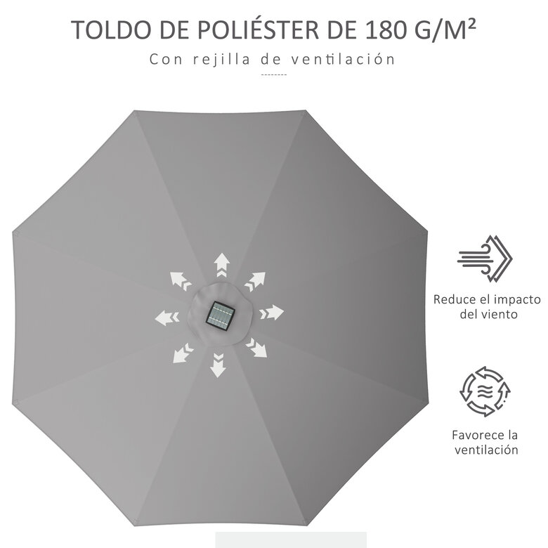 Outsunny Sombrilla de Jardín Ø265x240 cm Parasol de Terraza con Luces LED Solares Manivela e Impermeable para Piscina Patio Gris Claro, , large image number null