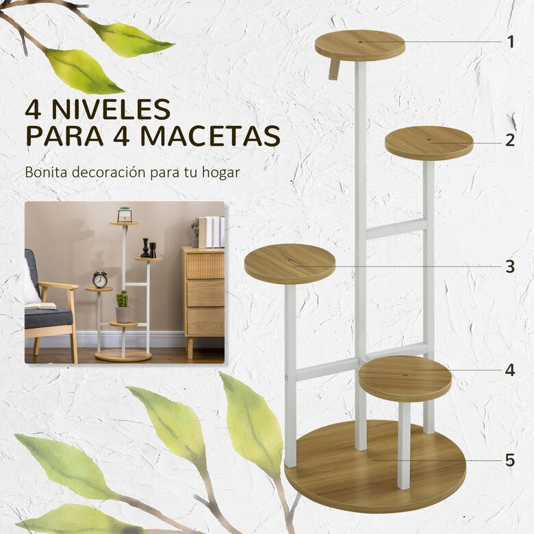 Outsunny Soporte para Plantas de 4 Niveles Estantería para Macetas Soporte para Macetas con Marco de Acero para Interior Salón Dormitorio Terraza Jardín Balcón 40x40x95,5 cm Natural, , large image number null