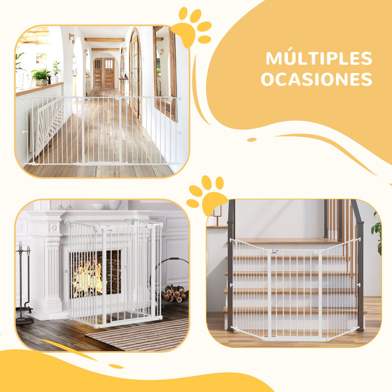 PawHut Barrera para Perros de Acero Valla para Mascotas Plegable de 3 Paneles con Doble Cerradura y Función de Bloqueo Auxiliar para Puerta Pasillo Escalera 206x90 cm Blanco, , large image number null