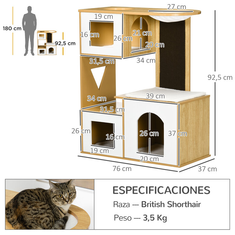 PawHut Árbol Rascador para Gatos Altura 92,5 cm Torre para Gatos con 3 Casetas de Madera Cojines Lavables Tabla de Rascador y Hamaca 76x37x92,5 cm Roble., , large image number null