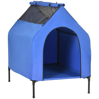 PawHut Caseta con Cama Elevada y Parasol azul para perros