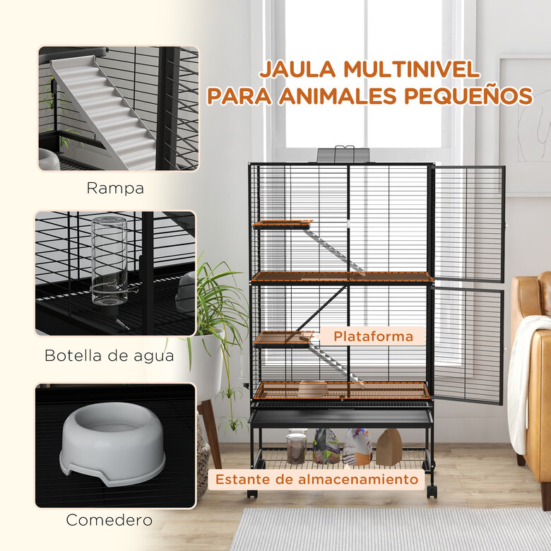 PawHut Jaula para Animales Pequeños de 4 Niveles Parque para Mascotas con Ruedas Rampa Cuenco Botella de Agua y Bandeja Extraíble Recinto para Conejos Chinchillas Hurones 78x45,5x136 cm Negro, , large image number null