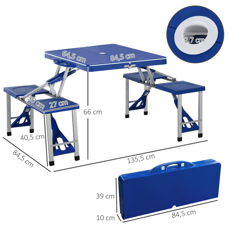 Outsunny Mesa Maleta de Camping azul Plegable y Portátil con 4 Asientos y Agujero para Sombrilla, , large image number null