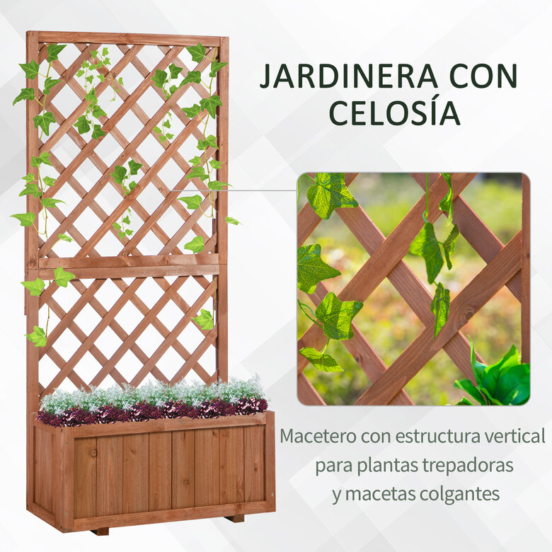 Outsunny Jardinera con Enrejado de Madera Maciza Macetero de Jardín con Soporte para Trepadora para Cultivo de Plantas Flores 72,5x31,5x149,5 cm Natural, , large image number null