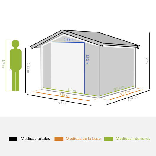 Outsunny Caseta de Jardín de Exterior Cobertizo de Jardín 12,4 m² 340x386x200 cm con 2 Puertas Corredizas Base Refuerzo (Suelo NO Incluido) para Patio Terraza Verde, , large image number null