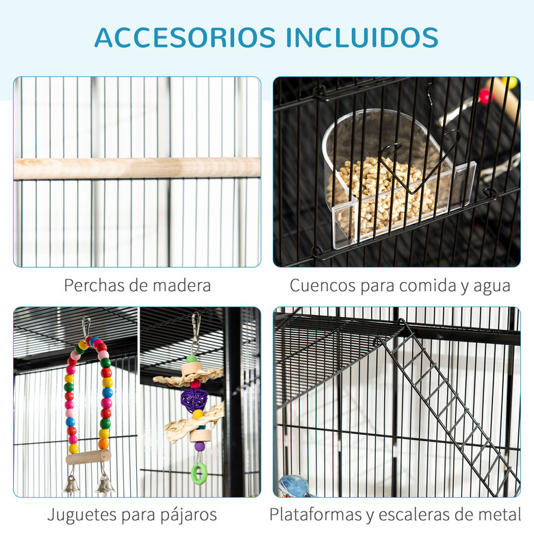 PawHut Jaula para Pájaros con Ruedas 83x53x180 cm Pajarera Metálica de 3 Niveles con 3 Perchas Comederos Juguetes Rampas y Estante de Almacenamiento para Canarios Periquitos Negro, , large image number null