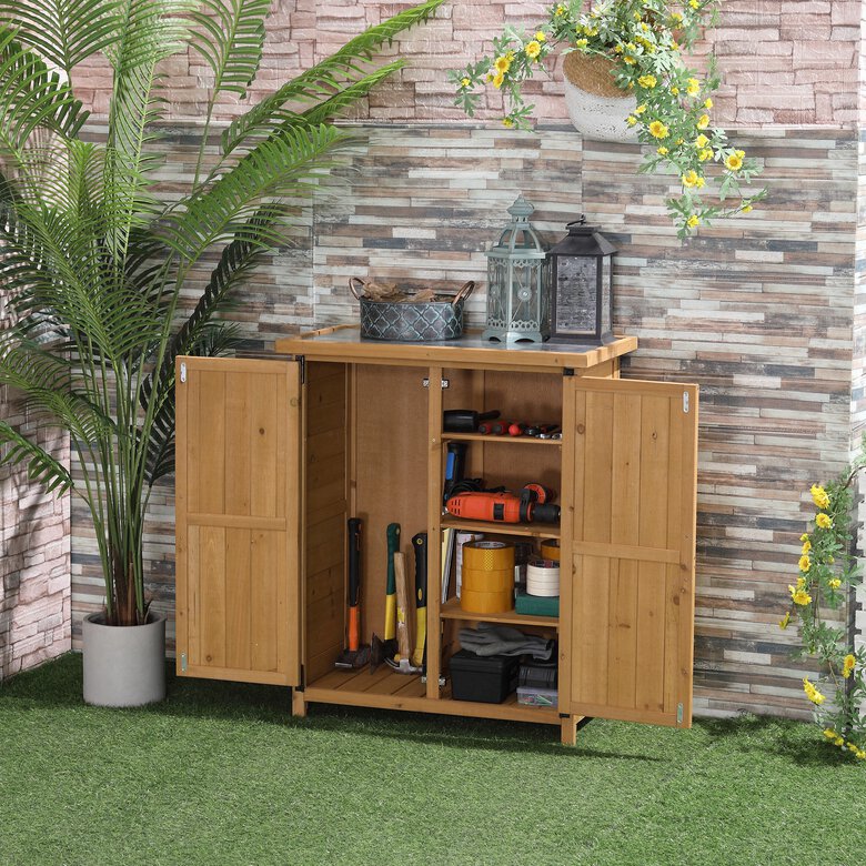 Outsunny Armario de Exterior de Madera 0,24 m² 75x40x90 cm Caseta de Jardín con 2 Puertas 4 Estantes y Techo de Galvanizado para Almacenamiento de Herramientas Natural, , large image number null