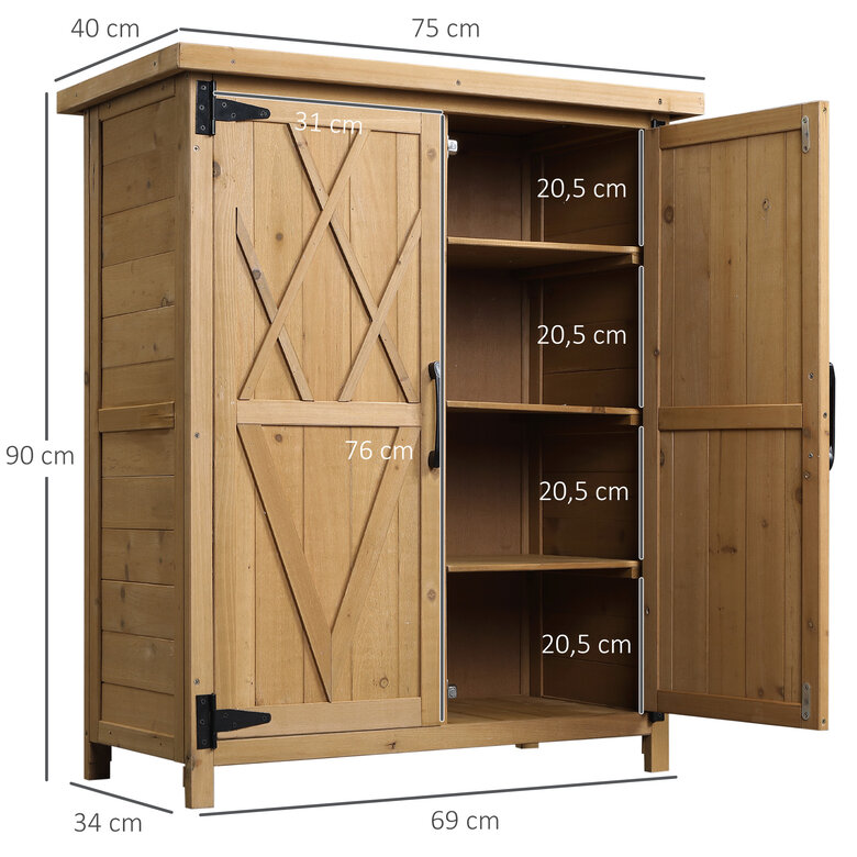 Outsunny Armario de Exterior de Madera 0,24 m² 75x40x90 cm Caseta de Jardín con 2 Puertas 4 Estantes y Techo de Galvanizado para Almacenamiento de Herramientas Natural, , large image number null