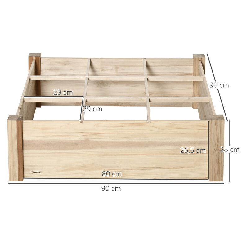 Outsunny Huerto Urbano de Madera Cuadrada 90x90x28 cm con 9 Compartimentos Extraíbles Arriate de Jardín para Cultivos Plantas Flores Natural, , large image number null