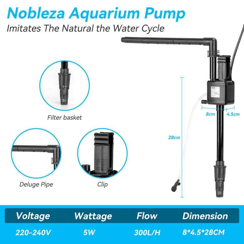 Nobleza - Bomba para Acuario de 30L, Bombas de Agua Sumergible(300 L/H, 5 W), Bomba con Oxigenación, , large image number null