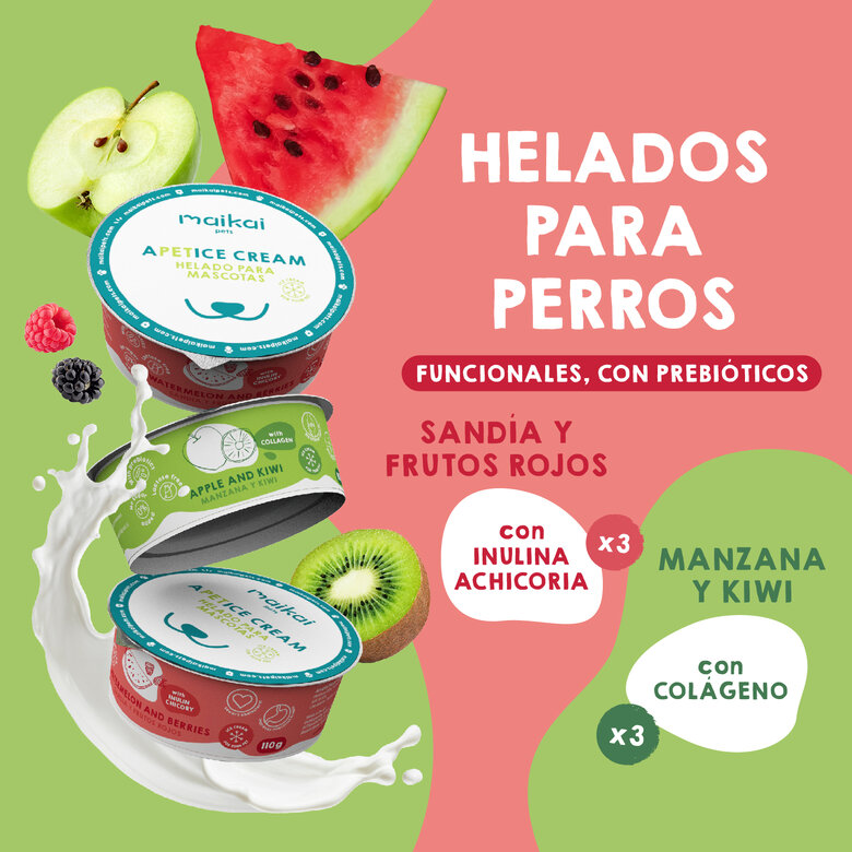 Helados para Perros y Gatos con prebióticos. MAIKAI PETS. PACK 6 (6x110g). Sabores: Yogur cpn manzana y Kiwi, y Yogur con Sandia y frutos rojos., , large image number null