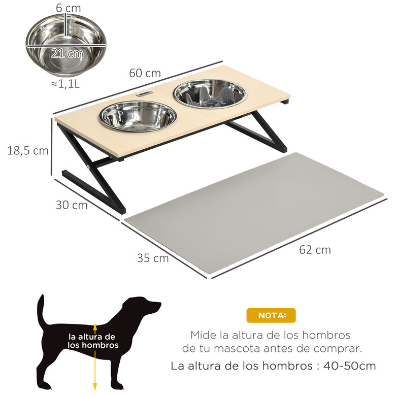 PawHut Comedero Elevado para Perros con Tapete y Comedero Lento Cuencos para Perros con 2 Tazones de Acero Inoxidable 1100 ml para Mascotas Medianos 60x30x18,5 cm Roble, , large image number null