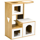 PawHut Árbol Rascador para Gatos Altura 92,5 cm Torre para Gatos con 3 Casetas de Madera Cojines Lavables Tabla de Rascador y Hamaca 76x37x92,5 cm Roble., , large image number null