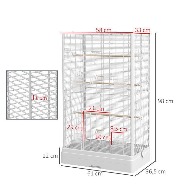 PawHut Jaula para Pájaros 61x36,5x98 cm Pajarera con Puertas Perchas Bandeja Extraíble Cajas de Comidas y Asas Jaula para Ninfas Periquitos Pinzones Canarios Blanco, , large image number null