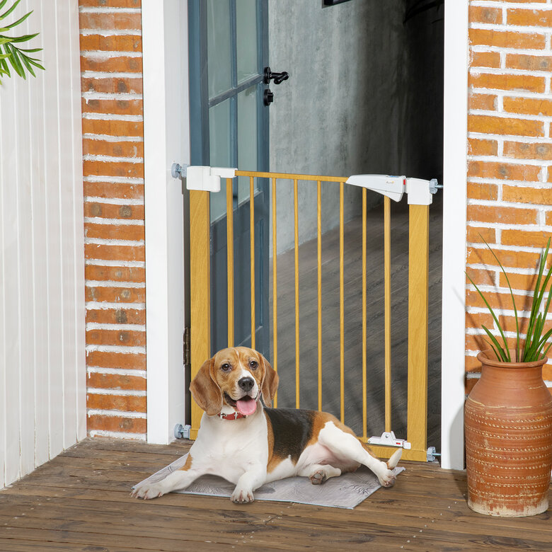 PawHut Barrera de Seguridad para Perros 77-103 cm Vallas para Perros Extensible con 2 Extensiones Mango Luminoso y Cierre Automático para Escaleras y Puertas Natural, , large image number null