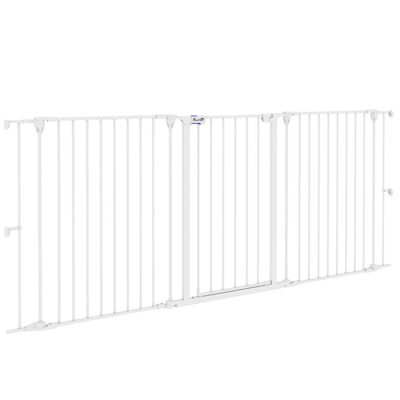 PawHut Barrera para Perros de Acero Valla para Mascotas Plegable de 3 Paneles con Doble Cerradura y Función de Bloqueo Auxiliar para Puerta Pasillo Escalera 206x90 cm Blanco, , large image number null