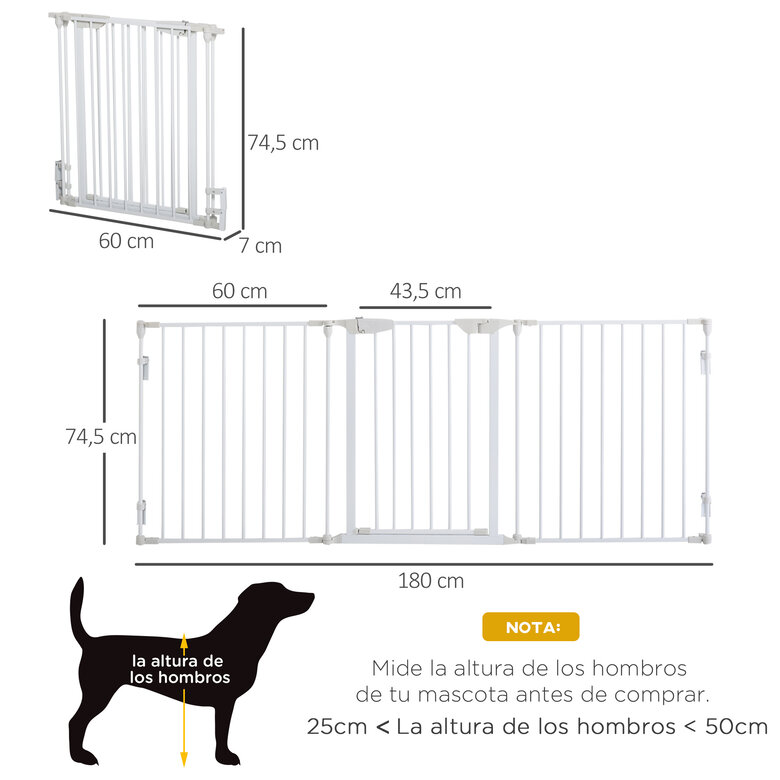 PawHut Barrera para Perros Plegable Valla para Mascotas de 3 Paneles con Cierre Inteligente Barrera de Seguridad para Escalera Pasillo 180x74,5 cm Blanco, , large image number null