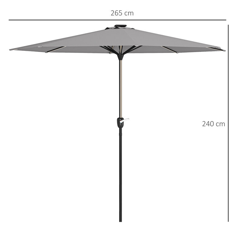 Outsunny Sombrilla de Jardín Ø265x240 cm Parasol de Terraza con Luces LED Solares Manivela e Impermeable para Piscina Patio Gris Claro, , large image number null