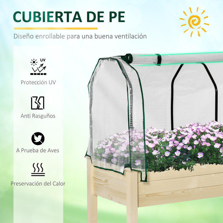 Outsunny Huerto Urbano Elevado de Madera 121x55x117 cm con Cubierta de Protección Mesa de Jardinera para Cultivo Flores Vegetales en Jardín Terraza Color Natural, , large image number null