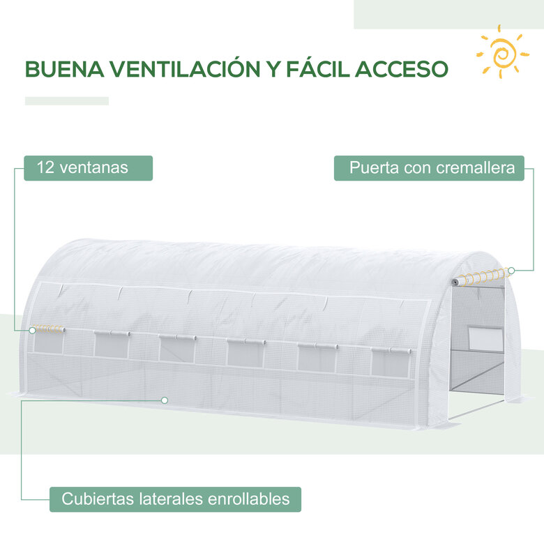 Outsunny Invernadero de Túnel de Jardín 6x3x2 m con Puerta y 12 Ventanas Enrollables de Polietileno 140 g/m² y Acero Galvanizado para Cultivos Plantas Flores Blanco, , large image number null