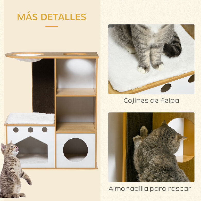 PawHut Árbol Rascador para Gatos de Madera 92,5 cm Torre para Gatos para Gatitos de Interior con 2 Cuevas Rascador Hamaca y Cojines de Felpa 76x37x92,5 cm Roble, , large image number null