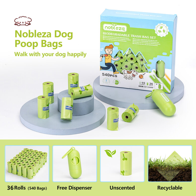 Nobleza Bolsas Caca Perro, Biodegradables, 540 bolsas con Dispensador, Extra Grueso, A Prueba de Fugas, Bolsitas caca Perro, Dog Poop Bag, 36 Rollos, , large image number null