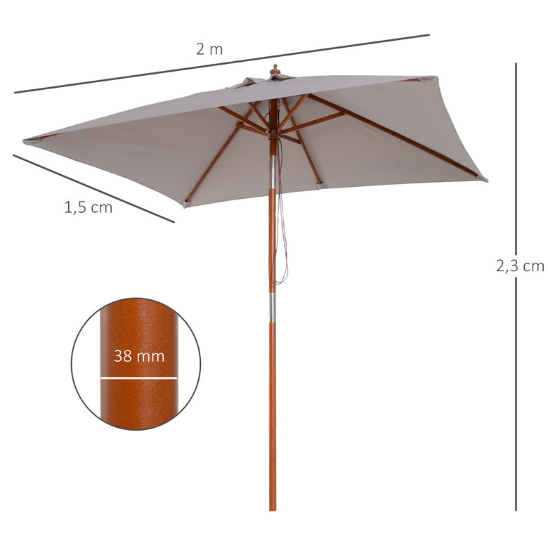 Outsunny Sombrilla de Jardín 200x150x235 cm Parasol de Jardín Rectangular con Ángulo Ajustable Anti-UV Impermeable y Poste de Madera para Playa Patio Exterior Gris, , large image number null