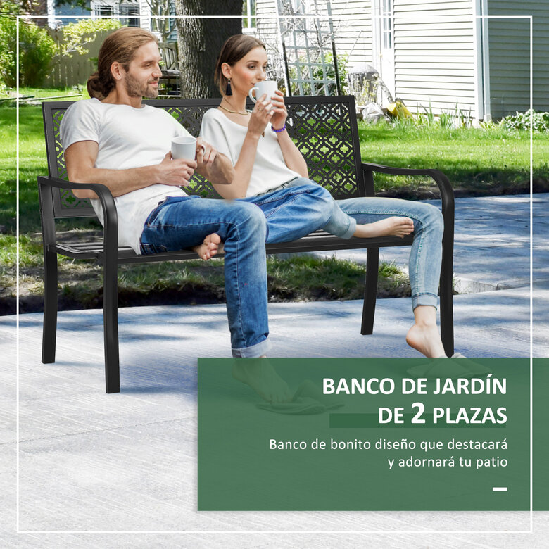 Outsunny Banco de Jardín de Acero Banco Exterior de 2 Plazas con Respaldo Decorativo Estampado para Terraza Balcón Patio Carga 240 kg 127x63x83 cm Negro, , large image number null