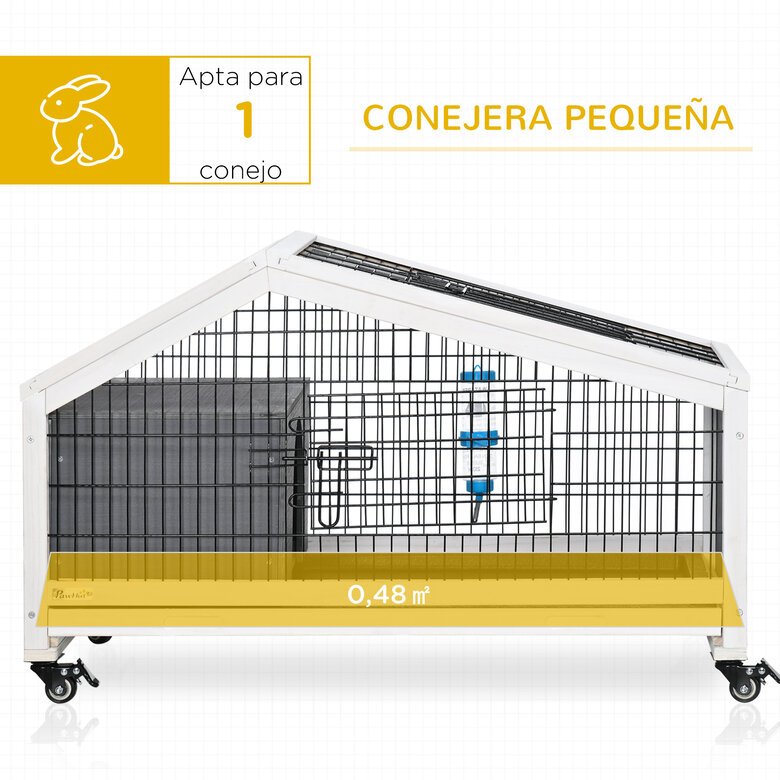 PawHut Conejera de Madera con Ruedas 90x53x55 cm Jaula de Conejillos con Bandeja Extraíble y Botella de Agua Casita para Animales Pequeños Gris Oscuro, , large image number null