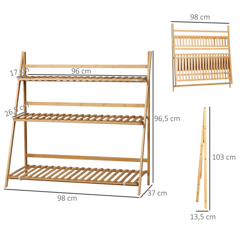 Outsunny Estantería para Plantas de 3 Niveles de Bambú Soporte para Flores Plegable Estantería para Macetas para Interiores y Exteriores 98x37x96,5 cm Natural, , large image number null