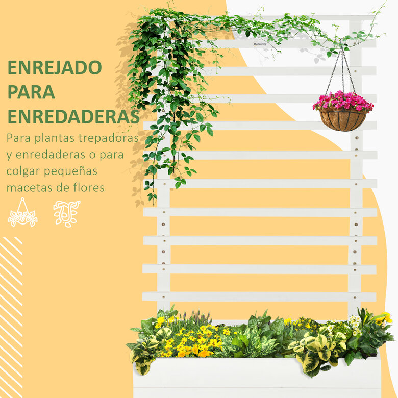 Outsunny Jardinera con Enrejado de Madera Maciza con 4 Ruedas Macetero de Jardín con Soporte para Trepadora y Tela Geotextil para Cultivos Plantas Flores 76x30x155 cm Blanco, , large image number null