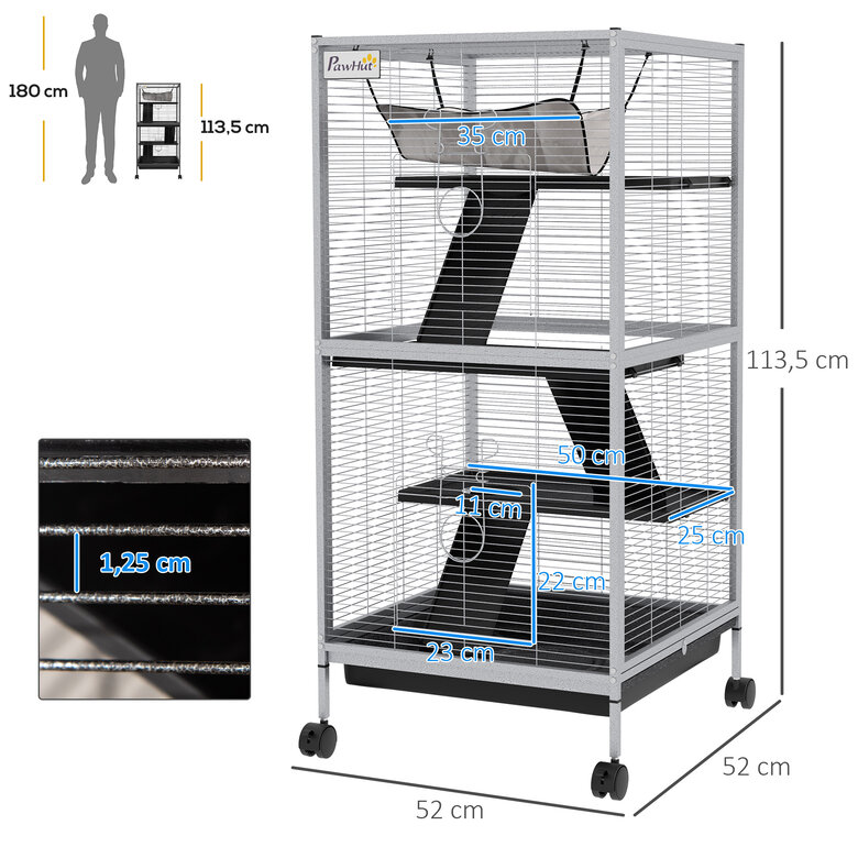 PawHut Jaula para Animales Pequeños de 4 Niveles Jaula para Roedores con Ruedas 2 Puertas 3 Rampas Hamaca Colgante y Bandeja Extraíble para Chinchillas 52x52x113,5 cm Blanco, , large image number null