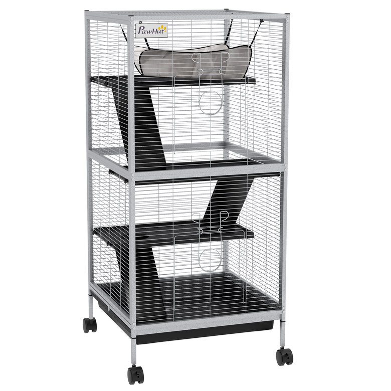 PawHut Jaula para Animales Pequeños de 4 Niveles Jaula para Roedores con Ruedas 2 Puertas 3 Rampas Hamaca Colgante y Bandeja Extraíble para Chinchillas 52x52x113,5 cm Blanco, , large image number null