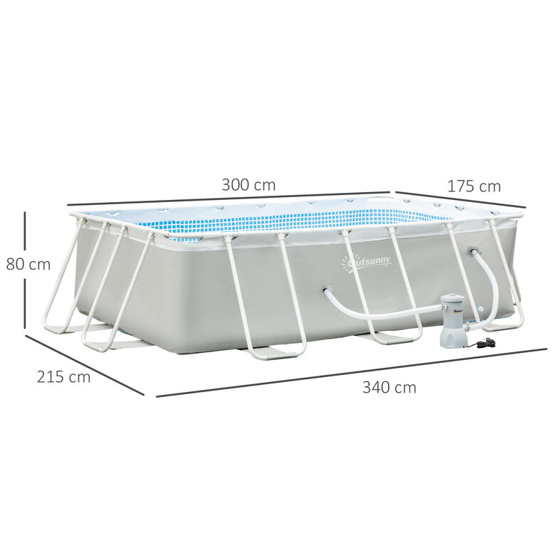 Outsunny Piscina Desmontable Tubular 340x215x80 cm Piscina Rectangular de Exterior con Depuradora de Cartucho 4.000 L/H Mangueras Longitud 100 cm y Marco de Acero 4200 L Gris, , large image number null