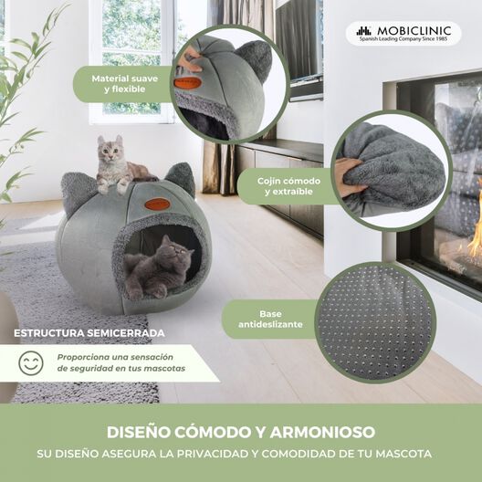 Cueva nido gris para mascotas | Plegable | Gris | Confort | Suave | 40x40x43 cm | Carga máx. 12Kg | HelloCatty | Mobiclinic, , large image number null