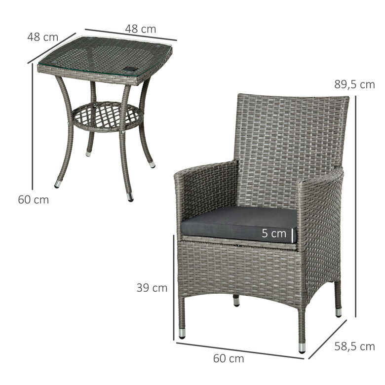 Outsunny Conjunto de Muebles para Jardín Juegos de Muebles de Ratán Incluye 1 Mesa y 2 Sillones con Cojines Estructura de Metal para Terraza Patio Gris, , large image number null