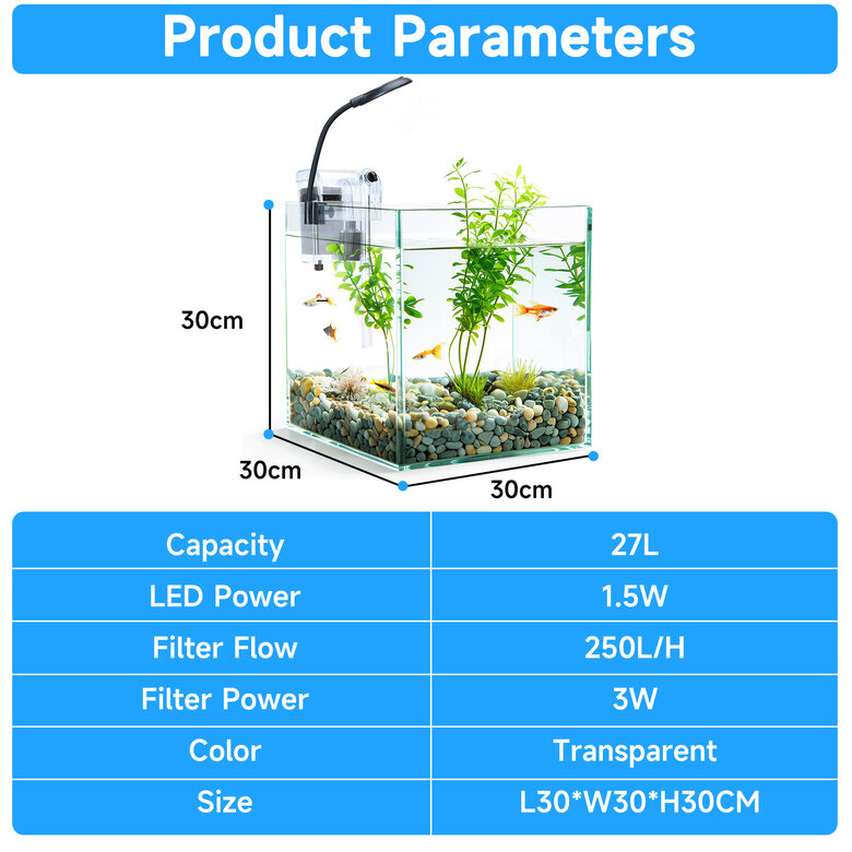 Nobleza - 27L Acuarios y Peceras Completas, Peceras de Cristal con Sistema de Filtrado Integrado e Iluminación LED, Acuarios de Iniciación, , large image number null