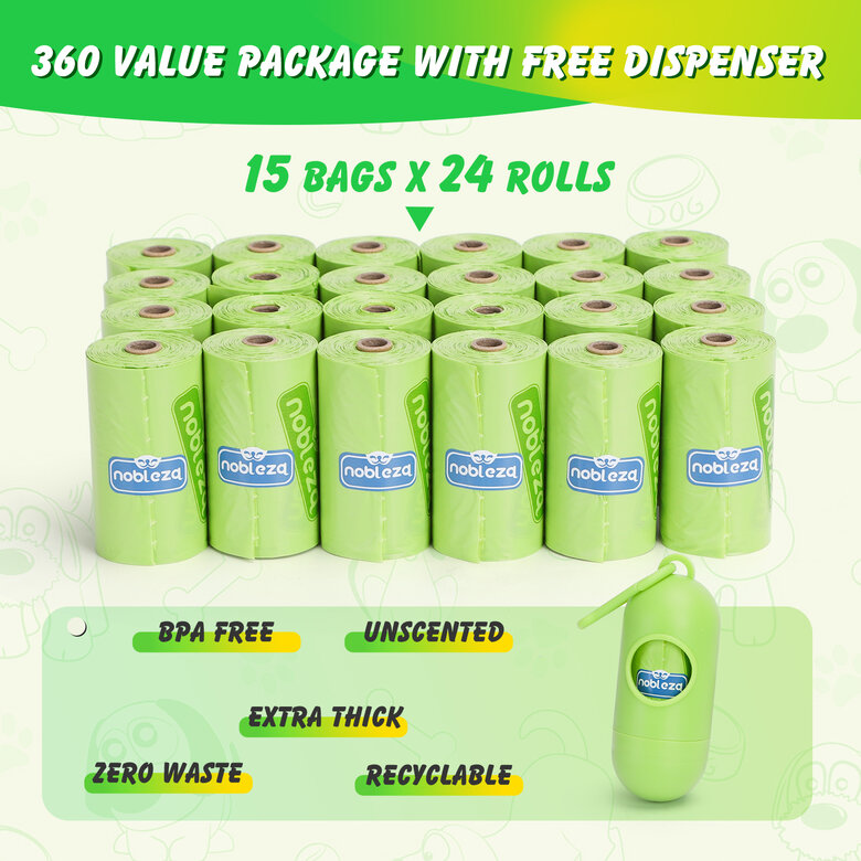 Nobleza Bolsas Caca Perro, 360 Unidades Bolsas Caca Perro Biodegradables con 1 Dispensador, Bolsas Excrementos Perros Extra Grueso, Fuerte y a Prueba, 24 Rollos/360 Unidades, , large image number null