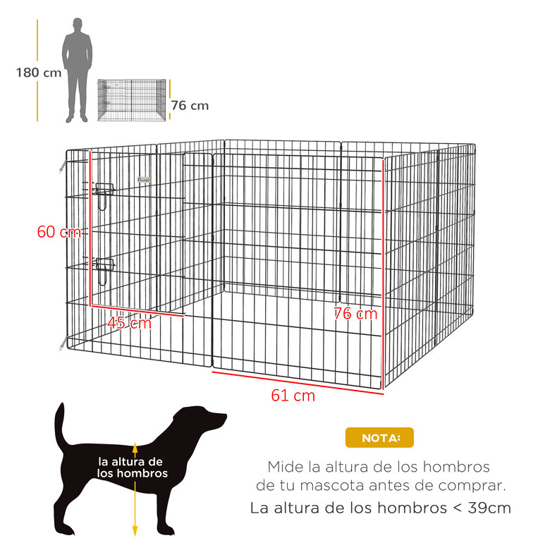 PawHut Parque de Juegos para Perros 8 Paneles Plegables Jaula Metálica para Mascotas con Puerta y Doble Cerradura para Jardín Patio Exterior Negro, , large image number null