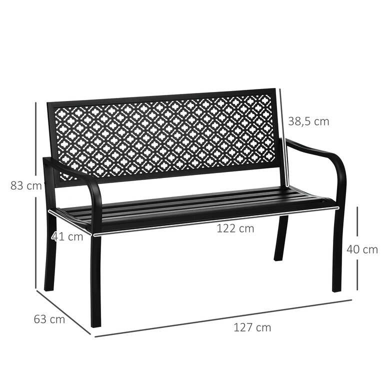 Outsunny Banco de Jardín de Acero Banco Exterior de 2 Plazas con Respaldo Decorativo Estampado para Terraza Balcón Patio Carga 240 kg 127x63x83 cm Negro, , large image number null