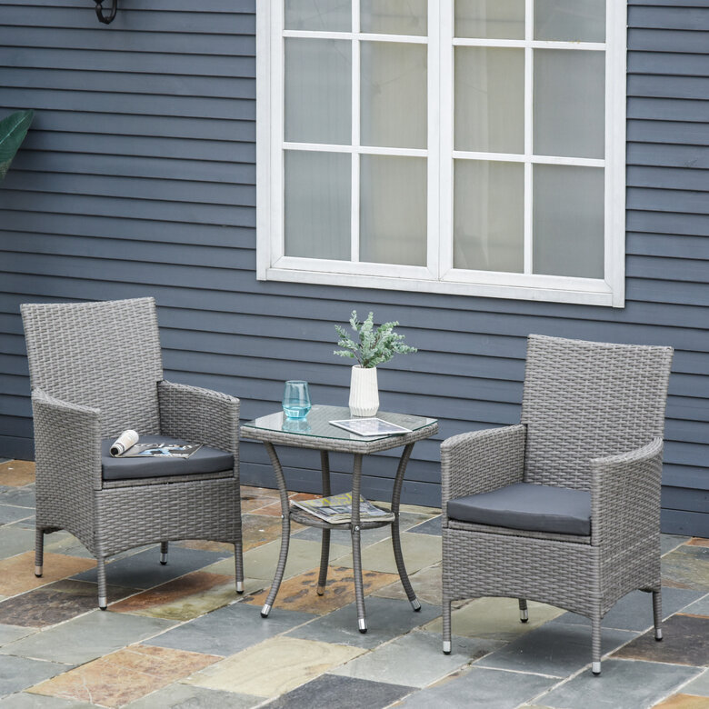 Outsunny Conjunto de Muebles para Jardín Juegos de Muebles de Ratán Incluye 1 Mesa y 2 Sillones con Cojines Estructura de Metal para Terraza Patio Gris, , large image number null