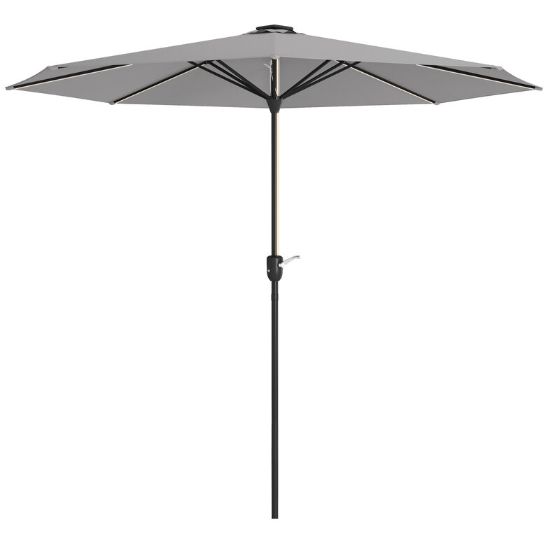 Outsunny Sombrilla de Jardín Ø265x240 cm Parasol de Terraza con Luces LED Solares Manivela e Impermeable para Piscina Patio Gris Claro, , large image number null