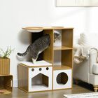 PawHut Árbol Rascador para Gatos de Madera 92,5 cm Torre para Gatos para Gatitos de Interior con 2 Cuevas Rascador Hamaca y Cojines de Felpa 76x37x92,5 cm Roble, , large image number null