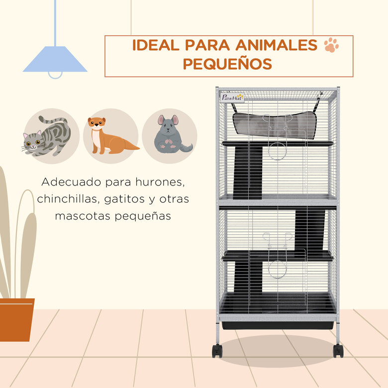 PawHut Jaula para Animales Pequeños de 4 Niveles Jaula para Roedores con Ruedas 2 Puertas 3 Rampas Hamaca Colgante y Bandeja Extraíble para Chinchillas 52x52x113,5 cm Blanco, , large image number null