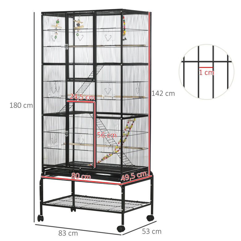 PawHut Jaula para Pájaros con Ruedas 83x53x180 cm Pajarera Metálica de 3 Niveles con 3 Perchas Comederos Juguetes Rampas y Estante de Almacenamiento para Canarios Periquitos Negro, , large image number null