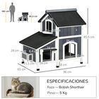 PawHut Caseta para Gatos de Madera con Macetero 96x65x85,5 cm Casa para Gatos Refugio para Gatos de 2 Niveles con Techo Asfáltico Ventana y Múltiples Entradas Gris., , large image number null