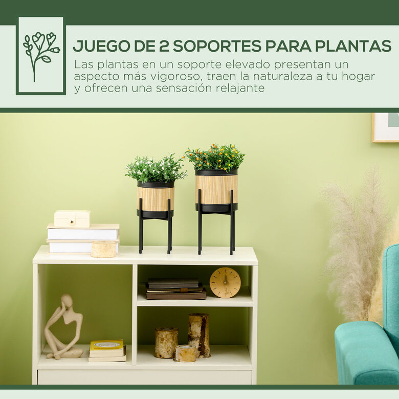 Outsunny Juego de 2 Soportes para Plantas de Metal Cubierta de Totora Soportes para Macetas Maceteros Redondos para Salón Cocina Dormitorio Ø16x30 cm y Ø14x25,5 cm Negro, , large image number null